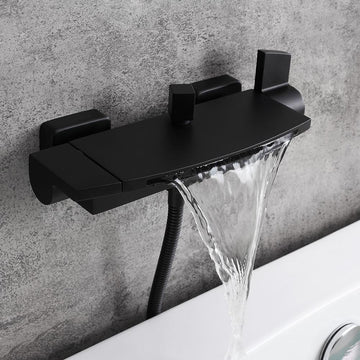 Wall Mount Waterfall 2-Handle Matte Black Bathtub Filler Faucet with Hand Shower